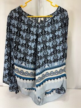 Cato Light Blue and Black Floral Border-Hem Blouse 4209